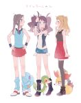  3girls adjusting_hair alternate_hairstyle black_footwear black_vest black_wristband blonde_hair boots clenched_hand collared_shirt commentary_request exposed_pocket fennekin hand_up hands_on_own_hips highres hilda_(pokemon) hime_(himetya105) knees leaf_(pokemon) long_legs multiple_girls open_clothes open_mouth open_vest pleated_skirt pokemon pokemon_(creature) pokemon_bw pokemon_frlg pokemon_xy red_skirt serena_(pokemon) shirt shoes shorts sidelocks skirt sleeveless sleeveless_shirt snivy squirtle standing sweatdrop thighhighs twintails vest white_footwear white_shirt 
