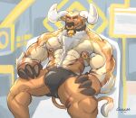  2022 2_horns anthro bell bell_collar big_muscles biped bovid bovine bulge cattle clothed clothing collar curved_horn facial_piercing glaucablitz hi_res horn hypnotizing_viewer looking_at_viewer lying male male_anthro mammal muscular muscular_anthro muscular_male nipple_piercing nipple_ring nipples nose_piercing nose_ring on_back piercing ring_piercing solo underwear underwear_only 