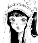  1girl animification baseball_cap blush expressionless greyscale hands_on_headwear hat highres illit iroha_(illit) jewelry k-pop lipstick makeup monochrome multiple_rings necklace portrait real_life ring solo sticker_on_face wrhkaeru 