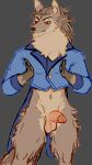  2024 9:16 anthro athletic balls blue_clothing blue_jacket blue_topwear bottomless brown_body brown_fur canid canine canis cheek_tuft circumcised clothed clothing erection facial_tuft fur genitals gloves_(marking) hair hi_res humanoid_genitalia humanoid_penis jacket leg_tuft long_hair male mammal markings neck_tuft open_palm orange_eyes paldrum partially_clothed penis portrait simple_background solo standing thigh_tuft three-quarter_portrait topwear tuft wolf 