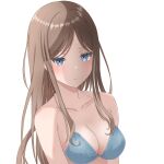  1girl absurdres bang_dream! bang_dream!_it&#039;s_mygo!!!!! bare_shoulders beniyomogi bikini blue_bikini blue_eyes blush breasts brown_hair cleavage closed_mouth collarbone commentary_request halterneck highres long_hair looking_at_viewer medium_breasts nagasaki_soyo parted_bangs sidelocks simple_background solo swimsuit upper_body variant_set white_background 