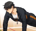  1boy bangs bara black_hair black_jacket black_pants exercise jacket male_focus muscular muscular_male open_clothes original pants push-ups shirt short_hair sweat sweatdrop whistle white_shirt yukibi_(ykb) 