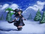  animal_humanoid belt breasts clothing day digital_media_(artwork) eyes_closed felid felid_humanoid female general-irrelevant hat headgear headwear humanoid magic_user mammal mammal_humanoid outside pigtails plant smile snow solo square_glasses standing tharkis tree witch witch_hat 