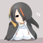  1girl :3 black_eyes black_hair black_jacket blush breast_rest breasts breasts_on_table closed_mouth commentary_request emperor_penguin_(kemono_friends) grey_background hair_between_eyes hair_over_one_eye hands_on_own_cheeks hands_on_own_face headphones jacket kemono_friends large_breasts lets0020 long_bangs looking_at_viewer multicolored_hair numbered one-piece_swimsuit open_clothes open_jacket orange_hair short_hair simple_background smile solo streaked_hair swimsuit upper_body white_one-piece_swimsuit 