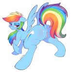  2022 anus blue_body butt cutie_mark dock ears_down equid equine female feral friendship_is_magic genitals hair half-closed_eyes hasbro hi_res humanoid_genitalia humanoid_pussy looking_back mammal multicolored_hair multicolored_tail my_little_pony narrowed_eyes pegasus pivoted_ears presenting presenting_hindquarters presenting_pussy puffy_anus pussy rainbow_dash_(mlp) rainbow_hair rainbow_tail raised_tail signature simple_background smile snootydogg solo white_background wings 
