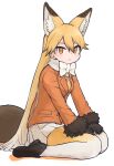  1girl animal_ears bow bowtie coat commentary_request extra_ears ezo_red_fox_(kemono_friends) fox_ears fox_tail full_body fur_trim gloves gradient_hair hands_on_lap kemono_friends long_hair long_sleeves looking_at_viewer multicolored_hair necktie orange_eyes orange_hair pantyhose pleated_skirt rumenia_(ao2is) seiza simple_background sitting skirt solo tail very_long_hair white_background 