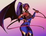  1girl ahfol bat_wings circlet cosplay dark-skinned_female dark_skin english_commentary feet_out_of_frame from_side gold_armlet gradient_background hand_on_own_hip hand_up high_collar high_ponytail holding holding_whip looking_at_viewer loose_hair_strand megaera_(hades) megaera_(hades)_(cosplay) megan_thee_stallion open_mouth pink_background pink_nails purple_hair real_life red_lips simple_background solo spiked_ear_piercing straight_hair tongue tongue_out wings 