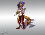  absurd_res anthro barbarian bottomwear clothing drqube female grin hi_res hyaenid loincloth mammal melee_weapon smile solo sword weapon yeenus 