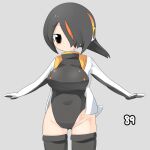  1girl a-pose black_hair black_one-piece_swimsuit black_thighhighs blush breasts closed_mouth commentary_request covered_navel cowboy_shot emperor_penguin_(kemono_friends) expressionless grey_background hair_between_eyes hair_over_one_eye headphones highres jacket kemono_friends large_breasts lets0020 long_bangs looking_at_viewer multicolored_hair numbered one-piece_swimsuit orange_hair palette_swap short_hair simple_background solo streaked_hair swimsuit thighhighs white_jacket 