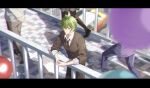  1boy amami_rantaro antenna_hair balloon bridge brown_jacket brown_necktie buttons car chinese_commentary closed_mouth collared_shirt commentary_request danganronpa_(series) danganronpa_v3:_killing_harmony day expressionless green_eyes green_hair hair_between_eyes interlocked_fingers jacket layered_sleeves letterboxed light_frown long_sleeves looking_at_viewer male_focus meipoi motor_vehicle necktie official_alternate_costume outdoors own_hands_together railing school_uniform shirt short_hair solo_focus striped_necktie sweater_jacket tile_floor tiles twitter_username walking white_shirt 