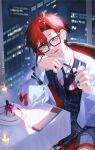  1boy bishounen candle candlestand glasses holding holding_spoon holostars holostars_english incoming_food jacket licking_lips looking_at_viewer machina_x_flayon male_focus neck_ribbon red_hair ribbon shokuen_(oxstl) short_hair shorts sitting solo spoon table tongue tongue_out virtual_youtuber white_jacket 