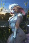  anthro areola blep breasts cheek_tuft claws cloud day ear_piercing ear_ring ears_back elbow_tuft facial_tuft female finger_claws flower fur gold_ring_piercing grey_body grey_fur grey_tail hair hand_on_breast hi_res lostgoose navel nipples nude orange_body orange_fur outside piercing pink_areola pink_inner_ear pink_nipples pink_nose pink_tongue pivoted_ears plant purple_claws purple_eyes ring_piercing sky solo sunset three-quarter_view tongue tongue_out tree tuft water white_body white_breasts white_fur white_hair yellow_flower 