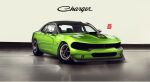  absurdres adry53 car dodge_(company) dodge_charger english_commentary green_car highres indoors motor_vehicle muscle_car no_humans original redesign shadow vehicle_focus vehicle_name 