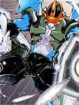  1boy blue_skin blue_wings blurry blurry_foreground colored_skin commentary_request digimon digimon_(creature) dragon gun helmet highres male_focus paildramon red_eyes red_helmet solo speed_lines takeuchi_(a3) weapon wings 
