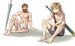  2boys abs arm_support bare_legs barefoot beard blonde_hair blue_eyes boxers brown_hair circlet collarbone commentary_request crossover earrings elbow_rest facial_hair food_print full_body jewelry knee_up knees_up lance link long_hair looking_at_another makaimura male_focus male_underwear master_sword monbetsu_kuniharu multiple_boys muscular muscular_male pectorals planted planted_spear pointy_ears polearm print_male_underwear scabbard sheath sheathed short_hair short_ponytail sir_arthur_(makaimura) sitting spear stomach strawberry_print sword the_legend_of_zelda the_legend_of_zelda:_breath_of_the_wild toes toned toned_male topless_male trait_connection underwear underwear_only weapon weapon_on_back 