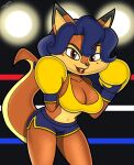  anthro big_breasts blue_hair bottomwear boxing_gloves bra breasts canid canine carmelita_fox clothed clothing digital_media_(artwork) female fighting_ring fox fur hair handwear hi_res looking_at_viewer mammal shorts sly_cooper_(series) smile solo sony_corporation sony_interactive_entertainment sucker_punch_productions tail topwear toyminator900 underwear wide_hipped_female 