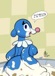  absurd_res anthro big_butt breasts butt clown_nose dialogue female food food_fetish food_play generation_7_pokemon hi_res inflatable looking_at_viewer messy nintendo nude pastry pie pokemon pokemon_(species) popplio sebaku side_boob side_view slightly_chubby smile smiling_at_viewer solo 