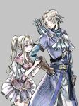  1boy 1girl aristocratic_clothes blonde_hair boots brother_and_sister clarine_(fire_emblem) fingerless_gloves fire_emblem fire_emblem:_the_binding_blade gloves high_ponytail klein_(fire_emblem) layered_capelet ponytail purple_eyes purple_shirt quiver shirt siblings sidelocks t_misaomaru thigh_boots 