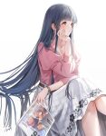  1girl black_hair blush collarbone commentary crossed_legs earrings feet_out_of_frame highres holding holding_magazine idolmaster idolmaster_million_live! jewelry julia_(idolmaster) juliet_sleeves kitakami_reika long_hair long_sleeves looking_ahead magazine_(object) necklace nys pink_shirt puffy_sleeves shirt simple_background sitting skirt solo straight_hair very_long_hair watch white_background white_skirt wristwatch yellow_eyes 