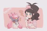  1girl absurdres antenna_hair blush bright_pupils brown_hair commentary_request cup diancie dress drinking eyelashes green_eyes hat high_ponytail highres hilda_(pokemon) hilda_(special_costume)_(pokemon) hime_(himetya105) holding holding_cup holding_saucer long_hair looking_down mini_hat official_alternate_costume pink_background pink_dress pink_hat pokemon pokemon_(creature) pokemon_masters_ex saucer sidelocks sleeves_past_elbows steam white_pupils 