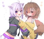  2girls :d absurdres ahoge animal_ear_fluff animal_ears bangs black_hoodie blush bone_hair_ornament brown_hair cat_ears cat_girl cat_tail closed_mouth dog_ears dog_girl dog_tail fang from_side hair_between_eyes hair_ornament hand_on_another&#039;s_shoulder heart highres hololive hood hood_down hoodie inugami_korone jacket long_sleeves looking_to_the_side multiple_girls nekomata_okayu off_shoulder open_clothes open_jacket purple_eyes purple_hair red_eyes shinonome_asu shirt simple_background smile tail virtual_youtuber white_background white_shirt yellow_jacket 
