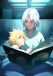  2boys aged_down alternate_universe bed blonde_hair book closed_mouth cloud_strife couple cuddling eilinna eyelashes final_fantasy final_fantasy_vii green_eyes grey_hair holding holding_book male_focus multiple_boys on_bed open_book open_mouth reading saturn_(planet) sephiroth short_hair spiked_hair under_covers yaoi 