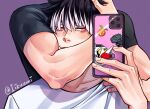 2boys arm_around_neck biceps character_print flexing flexing_around_head_(meme) forearms godzilla godzilla:_king_of_the_monsters godzilla_(2014) godzilla_(monsterverse) godzilla_(series) godzilla_vs._kong gundam holding holding_phone hoshina_soshiro iizuumi kaijuu_no._8 king_kong_(series) male_focus meme monsterverse multicolored_hair multiple_boys narumi_gen out_of_frame phone rx-78-2 short_hair taking_picture toned toned_male too_many_stickers two-tone_hair upper_body 