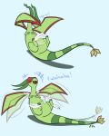  ambiguous_gender blush dragon dragonnap fangs feathers feral flapping_wings flygon generation_3_pokemon hi_res laugh mythological_creature mythological_scalie mythology nintendo pokemon pokemon_(species) scalie solo teeth text tickling wings 