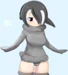  1girl alternate_costume bird_tail black_hair blue_background blush breasts brown_eyes closed_mouth commentary_request cowboy_shot emperor_penguin_(kemono_friends) expressionless eyes_visible_through_hair fur_sweater grey_panties grey_sweater grey_thighhighs hair_between_eyes hair_over_one_eye headphones kemono_friends large_breasts lets0020 long_bangs looking_at_viewer multicolored_hair numbered panties short_hair simple_background solo streaked_hair sweater tail thighhighs underwear white_hair 