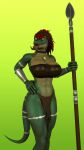  3d_(artwork) abs accessory anthro armor bandanna belly body_rings bottomwear clothing digital_media_(artwork) female furgonomics gauntlets gloves green_body green_eyes hair handwear hi_res jewelry kerchief lizard lizard_(petruz) loincloth looking_at_viewer melee_weapon neckband necklace neckwear petruz_(copyright) polearm red_hair reptile scalie silver_(metal) simple_background solo source_filmmaker_(artwork) spear tail tail_accessory thevestige tongue tongue_out tribal tribal_clothing weapon yellow_belly 