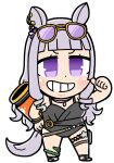  1girl animal_ears bkub black_one-piece_swimsuit blunt_bangs blush chibi chibi_only eyewear_on_head full_body gold_ship_(run_revolt_launcher)_(umamusume) gold_ship_(umamusume) grey_hair grin hand_on_own_hip horse_ears horse_girl horse_tail long_hair official_alternate_costume one-piece_swimsuit pointing pointing_at_self pointing_with_thumb purple_eyes simple_background smile solo sunglasses swimsuit tail thumbs_up umamusume white_background 