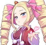  1girl beatrice_(re:zero) blowing_kiss blue_eyes bow capelet chestnut_mouth commentary_request crown dress drill_hair frilled_capelet frills fur_trim hair_ribbon heart looking_at_viewer open_mouth pink_bow pink_pupils pink_ribbon re:zero_kara_hajimeru_isekai_seikatsu red_capelet red_dress ribbon s_(hdru2332) simple_background solo symbol-shaped_pupils twin_drills twintails upper_body white_background 