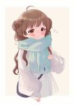  1girl ahoge alternate_hairstyle bag blue_bag blue_scarf blush border brown_background brown_eyes brown_hair brown_ribbon cable_knit closed_mouth cold commentary_request cropped_legs double_bun flower_(symbol) fringe_trim goma_konbu grey_sweater hair_bun hair_ornament hair_ribbon hakozaki_serika hand_on_own_chest handbag highres idolmaster idolmaster_million_live! long_hair long_sleeves looking_ahead outside_border pom_pom_(clothes) pom_pom_hair_ornament puffy_long_sleeves puffy_sleeves raised_eyebrows ribbon scarf shoulder_strap simple_background skirt sleeves_past_wrists smile solo split_mouth sweater sweater_tucked_in swept_bangs thick_eyelashes three_quarter_view wavy_mouth white_border white_skirt 