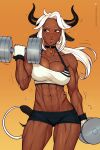  1girl abs animal_ears bbc-chan bell breasts choker cleavage commentary cow_ears cow_girl cow_horns cowboy_shot dark-skinned_female dark_skin dumbbell english_commentary exercise gloves highres horns large_breasts muscular muscular_female navel neck_bell original parted_lips patreon_username ponytail shorts solo sports_bra sweat teeth weightlifting white_hair yellow_eyes 