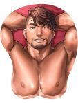  1boy abs arms_behind_head atsushi_kenzaki bara beard biceps brown_eyes brown_hair facial_hair gachimuchi_de_dosukebe_na_kateikyoushi_no_oniisan_to_sugosu_natsu highres looking_at_viewer male_focus merchandise_available mousepad_(medium) muscular muscular_male nipples pectorals second-party_source thick_eyebrows topless_male veins veiny_arms wasp_(anthyutena) white_background 