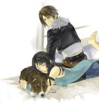  1boy 1girl angelo_(ff8) animal_hug arm_ribbon arm_support barefoot belt black_belt black_hair black_jacket black_pants black_ribbon black_tank_top blue_eyes blue_skirt brown_belt brown_eyes brown_hair closed_eyes commentary_request cropped_jacket day detached_sleeves dog expressionless final_fantasy final_fantasy_viii fur-trimmed_jacket fur_trim hair_over_shoulder happy hinokami indoors jacket jewelry leaning_forward leg_up long_hair long_sleeves looking_at_another looking_back looking_down lying midriff_peek miniskirt multicolored_fur multiple_belts necklace on_bed on_stomach open_mouth pants ribbon ring ring_necklace rinoa_heartilly scar scar_on_face shirt short_hair sitting skirt sleeveless_duster smile squall_leonhart studded_belt tank_top upper_body white_fur white_shirt window 