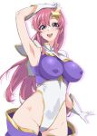  1girl absurdres armpits ass_visible_through_thighs blue_eyes breasts collar covered_navel covered_nipples gloves gold_trim gundam gundam_seed gundam_seed_destiny hair_ornament highleg highleg_leotard highres holding impossible_clothes impossible_leotard leotard long_hair medium_breasts meer_campbell miso_melon multicolored_leotard open_mouth pink_hair purple_leotard simple_background smile solo star_(symbol) star_hair_ornament teeth thong_leotard upper_body upper_teeth_only white_background white_collar white_gloves white_leotard 