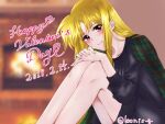  1girl bangs black_dress blonde_hair blurry blurry_background closed_mouth commentary cursive dated dress english_text fate_testarossa fireplace green_jacket hands_on_own_knees happy_valentine highres indoors jacket jacket_on_shoulders leaning_forward leonis_g long_hair looking_at_viewer lyrical_nanoha red_eyes short_dress sitting smile solo sweater sweater_dress twitter_username 