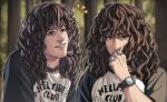  2boys blurry blurry_background bolt brown_hair drawing dual_persona eddie_munson forest foudreika grin highres jewelry long_hair male_focus multiple_boys nature ring screw smile stranger_things upper_body watch wristwatch 