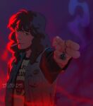  1boy bangs black_eyes black_hair cigarette denim_vest eddie_munson finger_gun head_tilt in_mouth jewelry looking_at_viewer male_focus ring shirt solo stranger_things symbol-only_commentary upper_body watermark white_shirt wrecked_fuse 