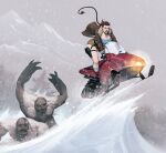  1girl 2others absurdres black_gloves blue_shirt braid braided_ponytail breasts brown_hair brown_jacket brown_shorts cleavage clenched_teeth day devilhs fur-trimmed_jacket fur_trim gloves grey_socks highres holster huge_breasts jacket lara_croft long_hair monster multiple_others open_clothes open_jacket outdoors red_lips shirt short_shorts shorts snow snowmobile socks teeth thigh_holster tomb_raider very_long_hair yeti_(creature) 