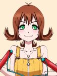  1girl breasts brown_hair closed_mouth collarbone final_fantasy final_fantasy_viii flipped_hair green_eyes jewelry looking_at_viewer necklace nunchaku selphie_tilmitt short_hair simple_background smile solo weapon zipper_pull_tab 