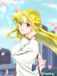  1girl bag bangs blonde_hair carrying day fate_testarossa hand_in_own_hair handbag highres leonis_g long_hair long_sleeves looking_at_viewer lyrical_nanoha open_mouth outdoors petals red_eyes shirt smile solo standing twitter_username watch white_shirt wind wristwatch 