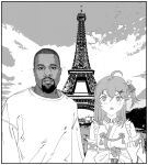 1boy 1girl absurdres dark-skinned_male dark_skin detached_sleeves eiffel_tower facial_hair goatee greyscale highres hip_hop hololive kanye_west looking_at_viewer middle_finger monochrome nontraditional_miko open_mouth paris real_life sakura_miko sky v-shaped_eyebrows virtual_youtuber xyanaid 