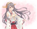  1girl detached_sleeves grey_hair hair_ornament hairclip hand_on_own_chest haruna_(kancolle) haruna_kai_ni_(kancolle) headgear highres ichimai_(apieceof_ray151) kantai_collection long_hair looking_at_viewer nontraditional_miko ribbon-trimmed_sleeves ribbon_trim smile solo upper_body wide_sleeves 