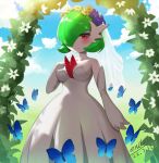  1girl absurdres arch arm_at_side artist_name backlighting bangs bare_shoulders blue_sky blush bob_cut breasts bridal_veil bug butterfly closed_mouth cloud collarbone colored_skin commentary daisy dated day dress elbow_gloves enddada flower flower_wreath gardevoir gloves green_hair hair_over_one_eye hand_up happy highres lily_(flower) looking_at_viewer medium_breasts mega_gardevoir mega_pokemon one_eye_covered outdoors pokemon pokemon_(creature) purple_flower red_eyes shiny shiny_hair short_hair signature sky smile solo split_mouth standing strapless strapless_dress veil white_dress white_flower white_gloves white_skin yellow_flower 