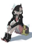  1girl black_hair black_jacket blue_eyes dress high_heels highres jacket looking_at_another marnie_(pokemon) morpeko own_hands_together pendant_choker pink_dress pokemon pokemon_(creature) pokemon_(game) pokemon_swsh psylduck shadow sitting smile teeth twintails white_background 