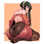  1girl ass ass_focus bangs black_hair blush breasts dress from_behind hairband huge_ass kukumomo large_breasts long_hair long_sleeves looking_at_viewer looking_back panties panties_over_pantyhose pantyhose red_eyes red_sweater sidelocks smile solo spy_x_family sweater thick_thighs thighs thong underwear yor_briar 