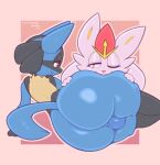  2022 ambiguous_gender anthro balls big_butt bite blue_balls blue_body blue_skin blue_tail butt butt_grab cinderace duo fingers frumples fur genitals hand_on_butt huge_butt long_ears looking_at_another looking_at_partner lucario lying male nintendo on_side one_eye_closed pink_background pink_nose pok&eacute;mon pok&eacute;mon_(species) red_eyes simple_background teeth video_games white_body white_ears white_fur yellow_body yellow_fur 