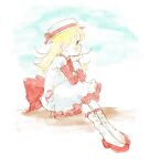  1girl blonde_hair blue_eyes blush bow child cloud dress dress_bow faux_traditional_media flats frilled_dress frills hand_on_own_face hat hat_bow long_hair long_sleeves looking_away original red_bow red_dress red_footwear sitting socks solo two-tone_dress uni_(u2katsu14) white_background white_dress white_socks 
